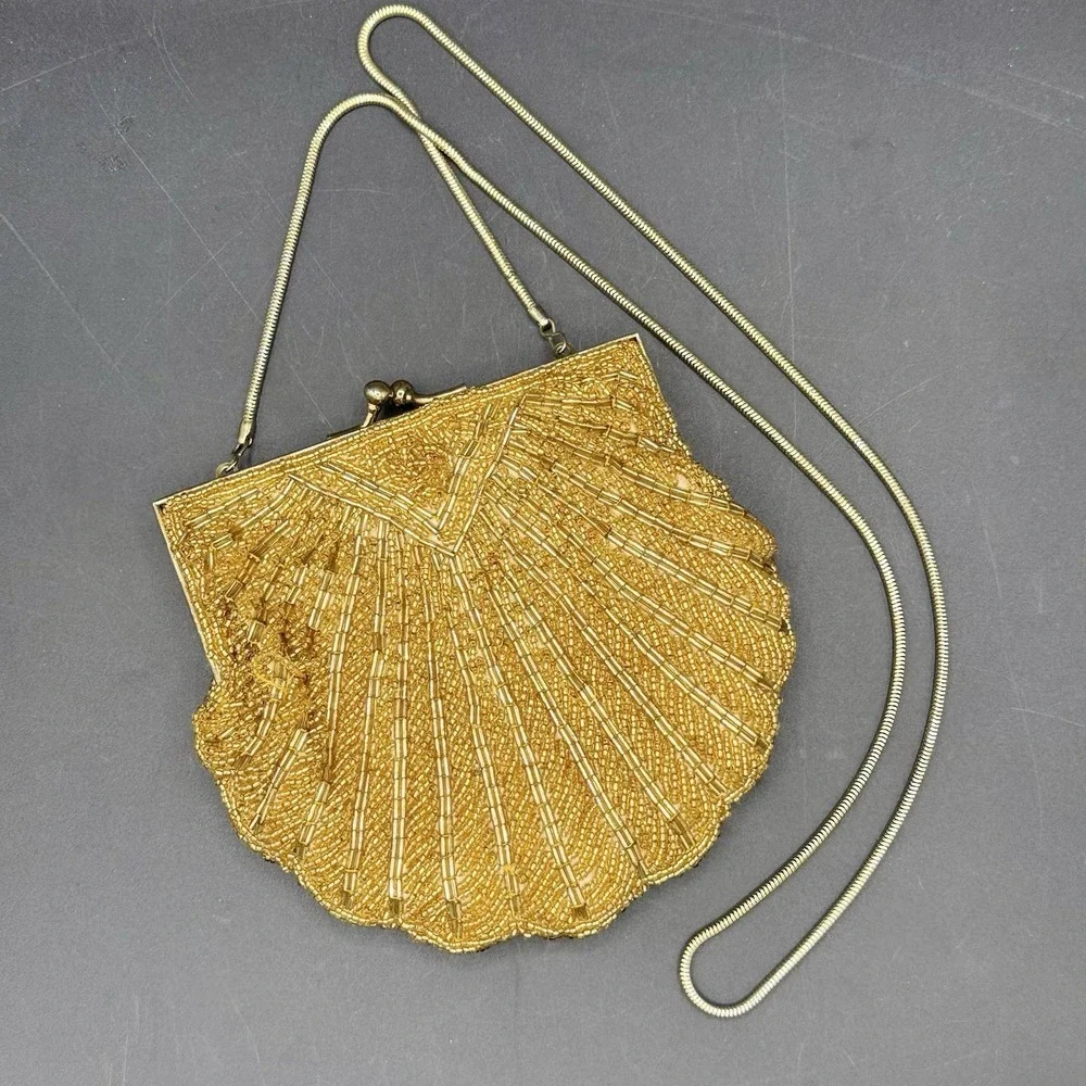 Vintage Gold Beaded Clam Shell Evening Bag Flapper Art Deco Cocktail Purse Chain